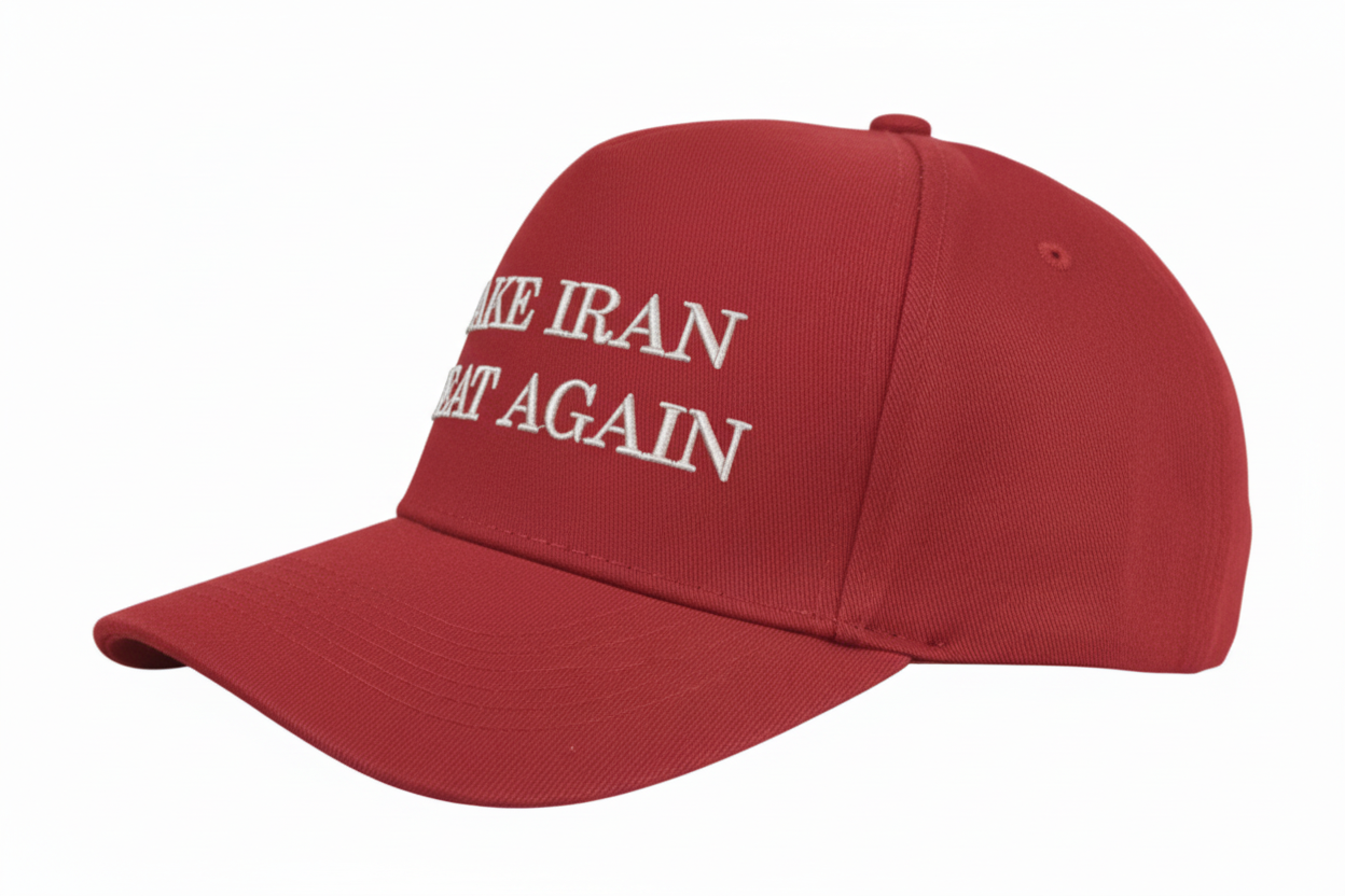 Red cap with 'MAKE IRAN GREAT AGAIN' text on a white background