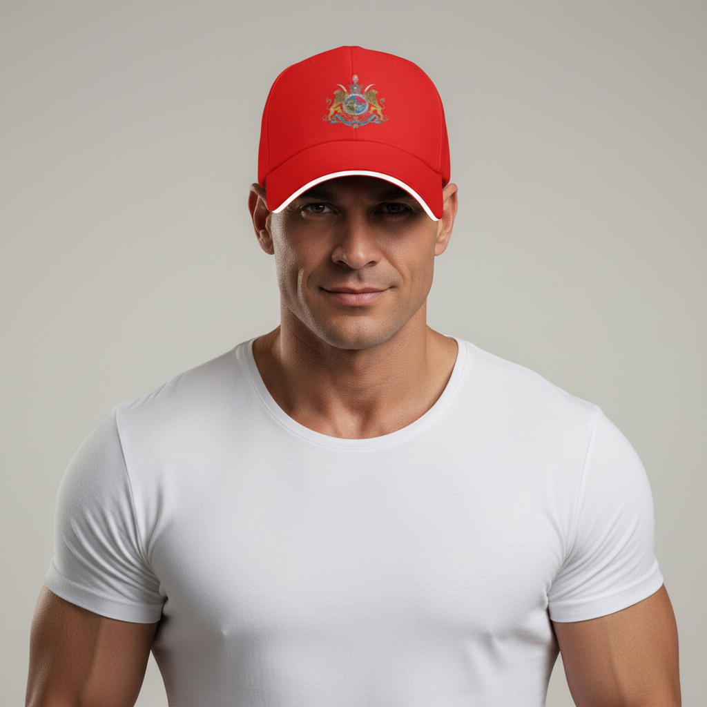 Red cap with a colorful emblem on a white background