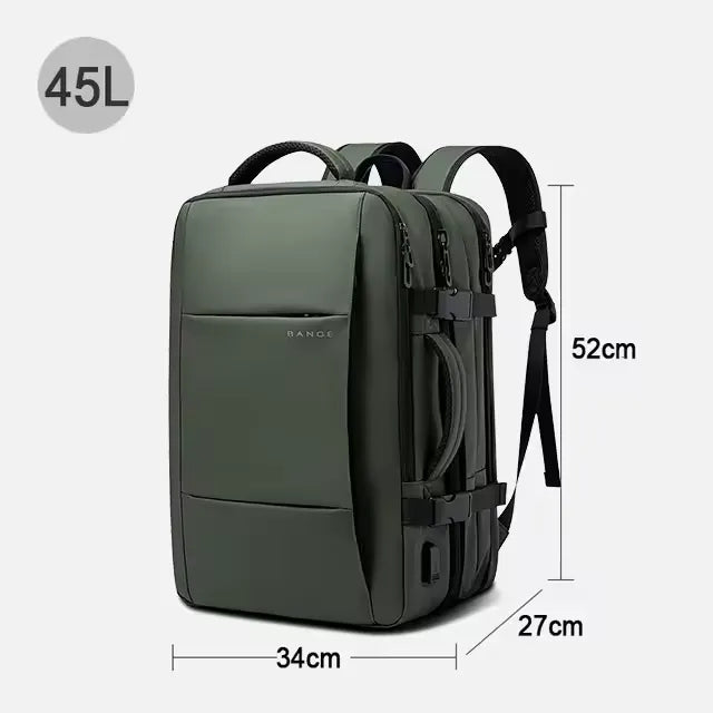 Green backpack with dimensions and capacity label on a white background