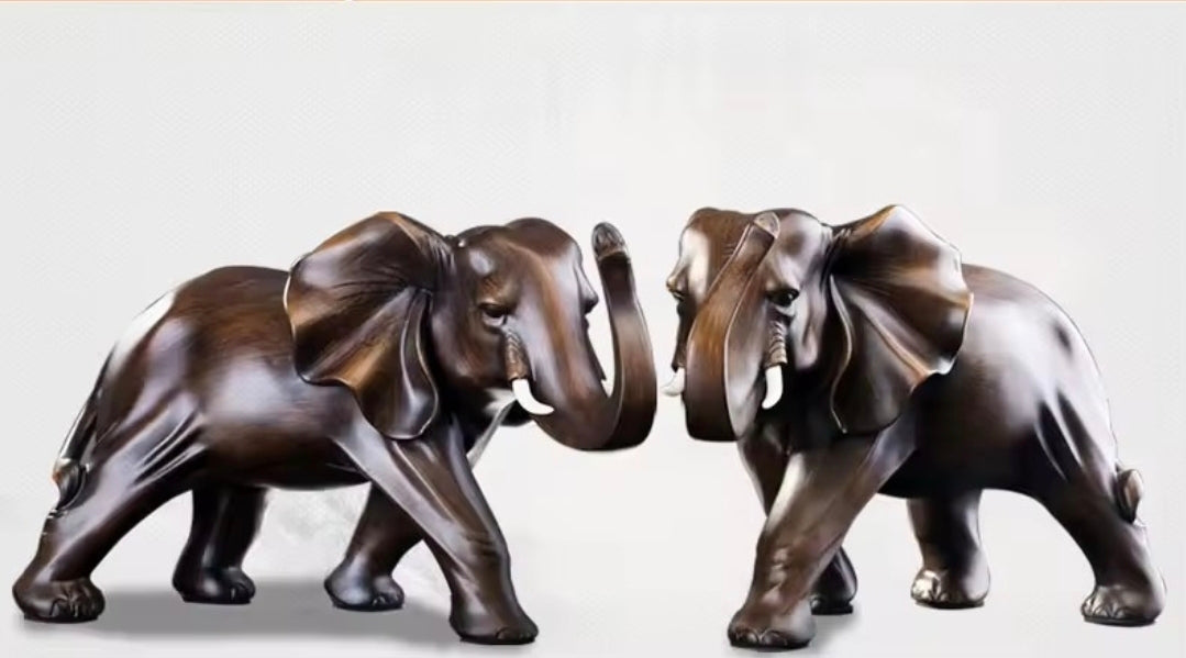 Elephant Resin Wood-Effect Statue - Desk & Home Decor Sculpture (Left & Right View, 3 Sizes)
