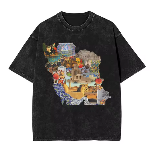 Black t-shirt with a colorful graphic design on a white background