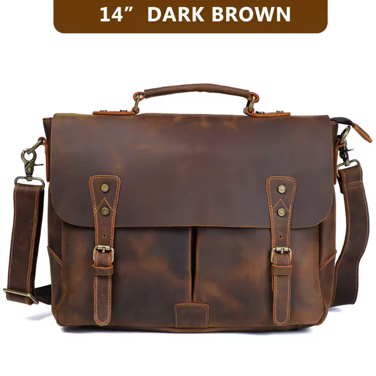 Dark brown leather briefcase with shoulder strap on a white background