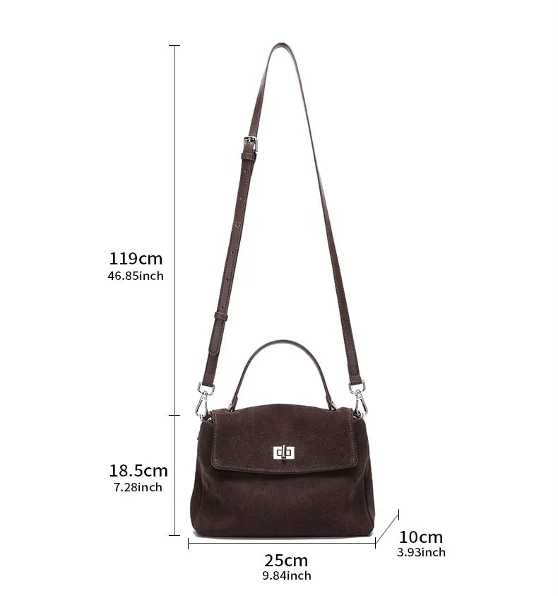Brown handbag with measurements on a white background
