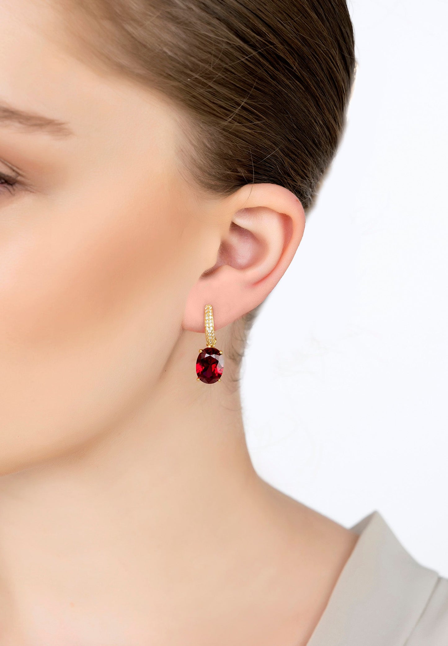 Alexandra Oval Drop Earrings in 18K Gold with Lab-Grown Ruby and Simulated Diamonds - Luxury Women's Jewelry by LevarJewelz