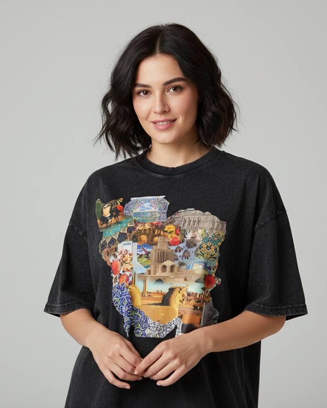 Black t-shirt with a colorful graphic design on a white background