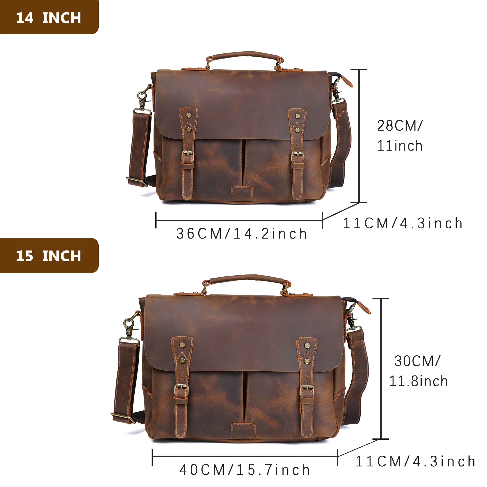 Brown leather briefcase with measurements on a white background