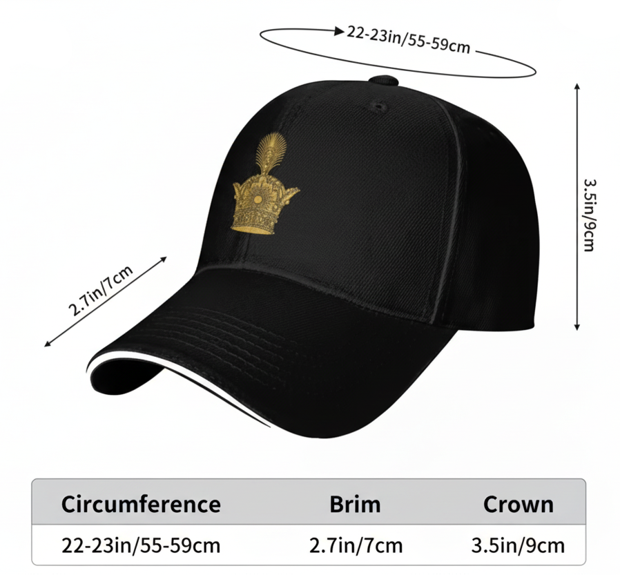 Black cap with gold emblem and measurements on a white background