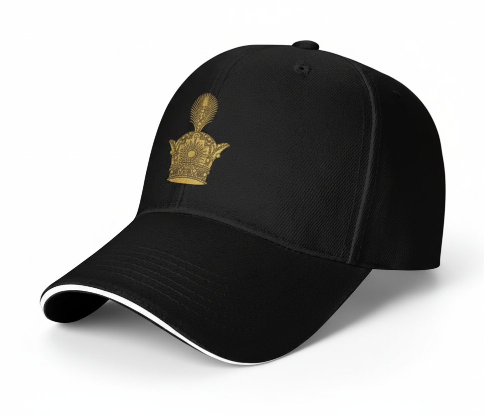 Black cap with a gold emblem on a white background