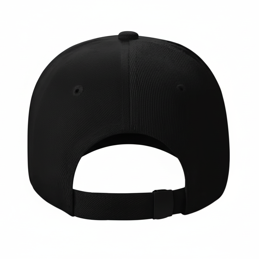 Black baseball cap with white back on a light gray background