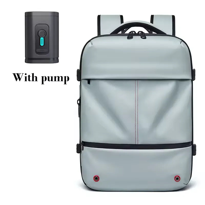 Light gray backpack with pump attachment on a white background