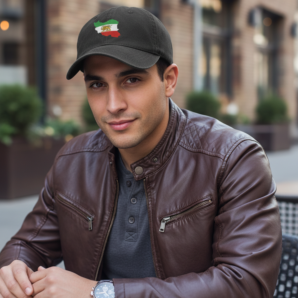 Adjustable Cotton Baseball Cap with Iran Map and Lion & Sun Emblem – Unisex Persian Streetwear Hat | LevarJewelz