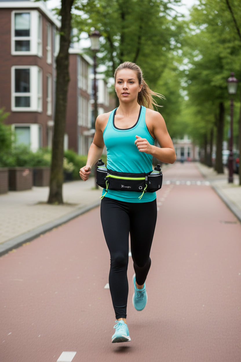 Black running belt with water bottles and pouches on a white background