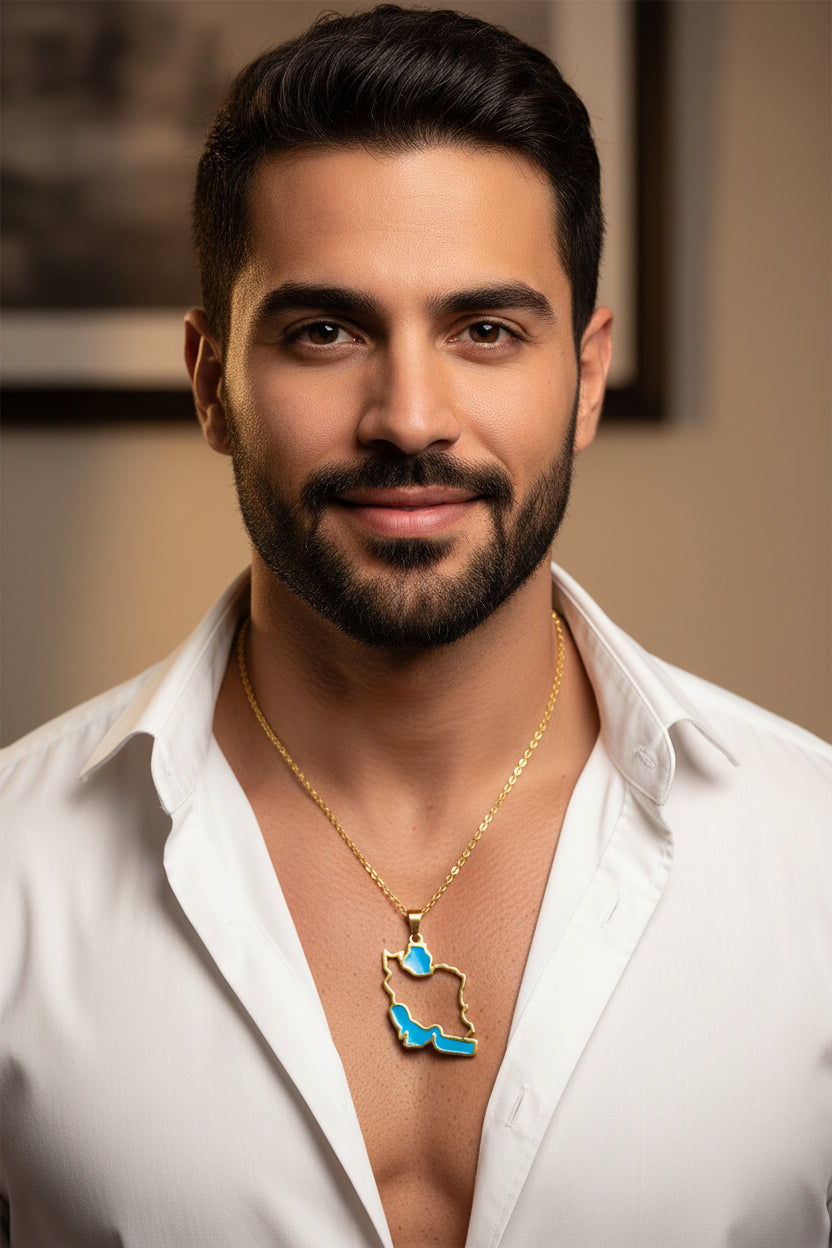 Map-shaped pendant with blue interior and gold outline on a white background