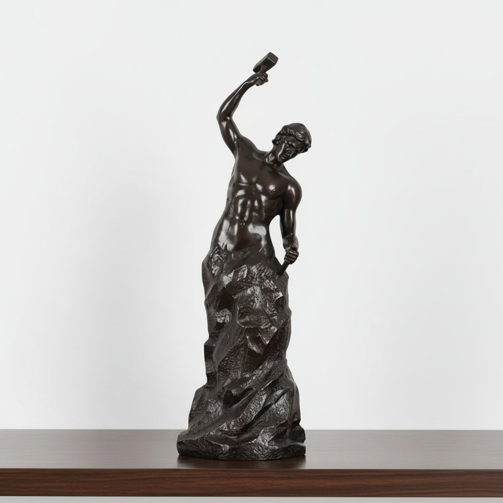 Bronze statue of a figure holding a torch on a wooden surface with a gray background