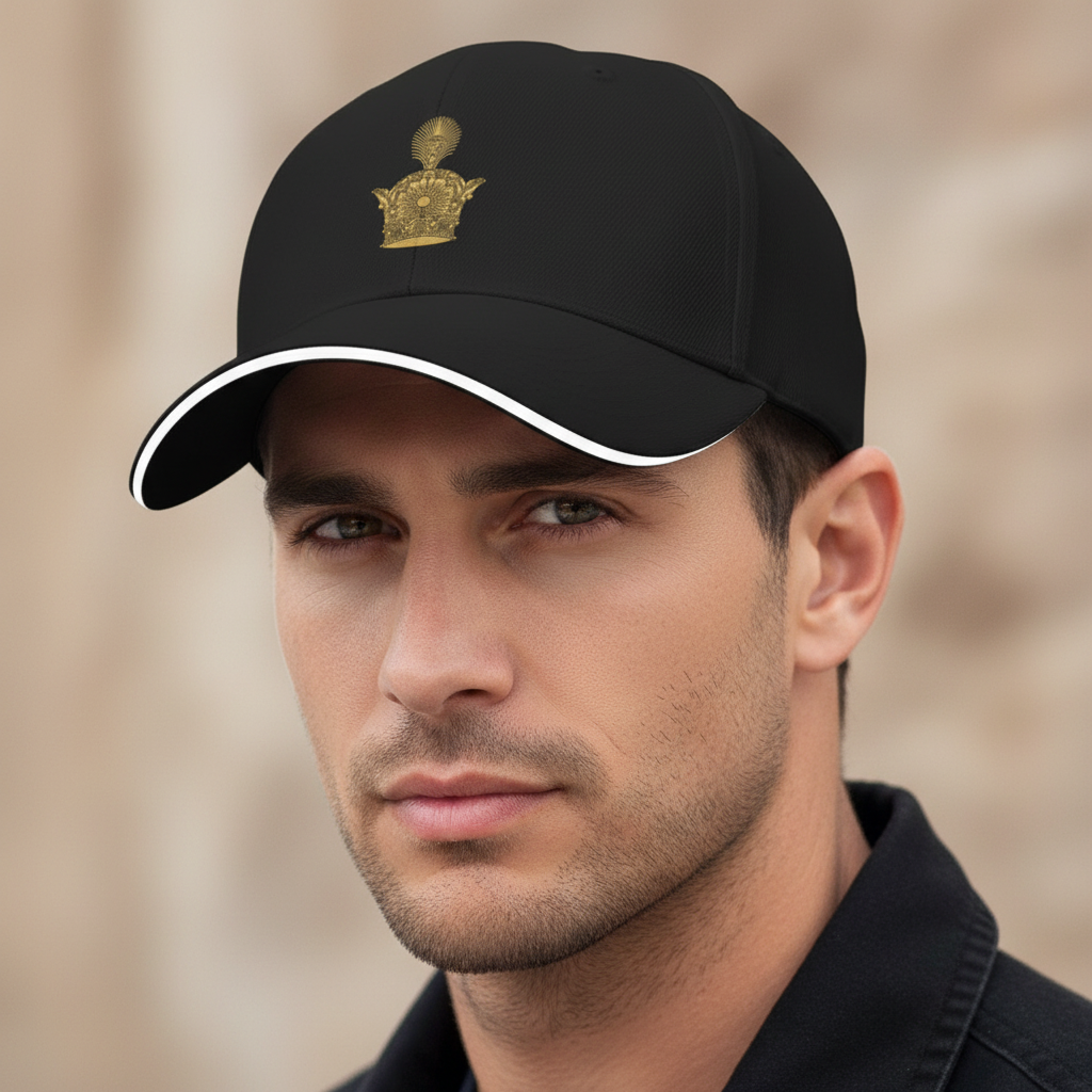 Black cap with gold emblem on a white background