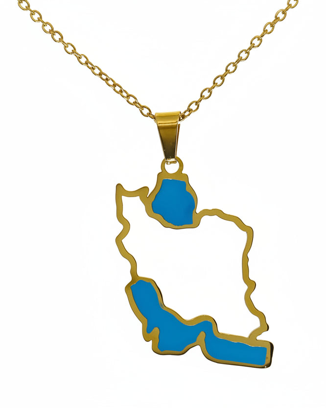 Map-shaped pendant with blue interior and gold outline on a white background