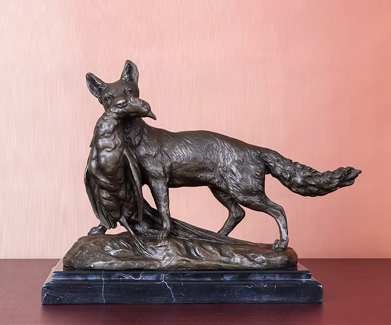 Bronze Fuchs Jagd Huhn Statue mit Marmorsockel – Wildtier-Skulptur für Zuhause, Wohnzimmer, Bürodekoration