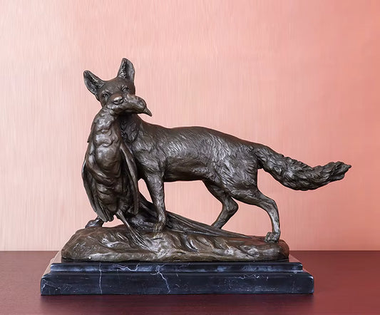 Bronze Fox Hunting Chicken Statue with Marble Base – Wildlife Animal Sculpture for Home Living Room Office Décor