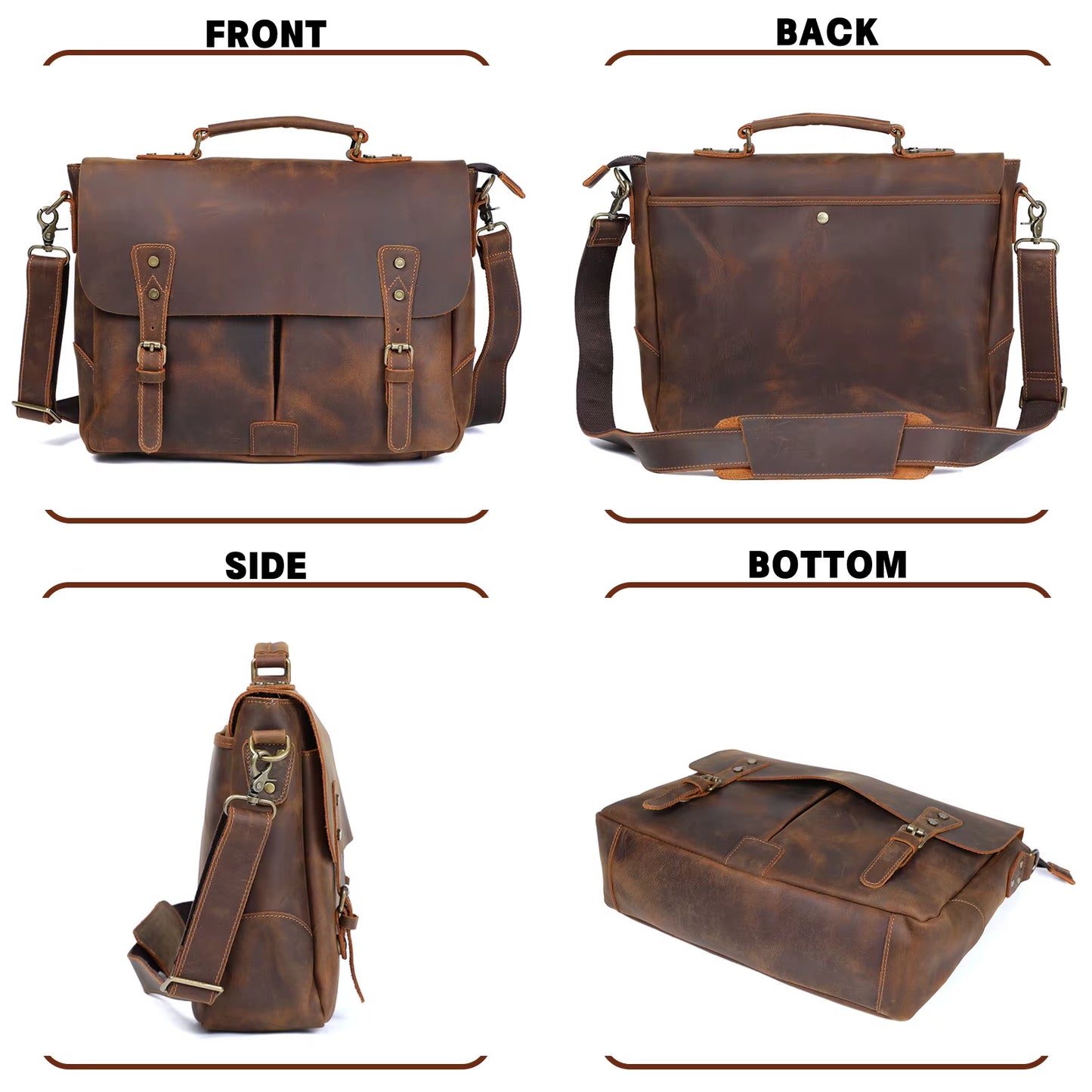 Brown leather bag shown from front, back, side, and bottom angles on a white background.