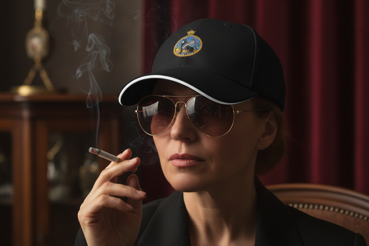 Person wearing a cap and sunglasses, smoking a cigarette in a dimly lit room.