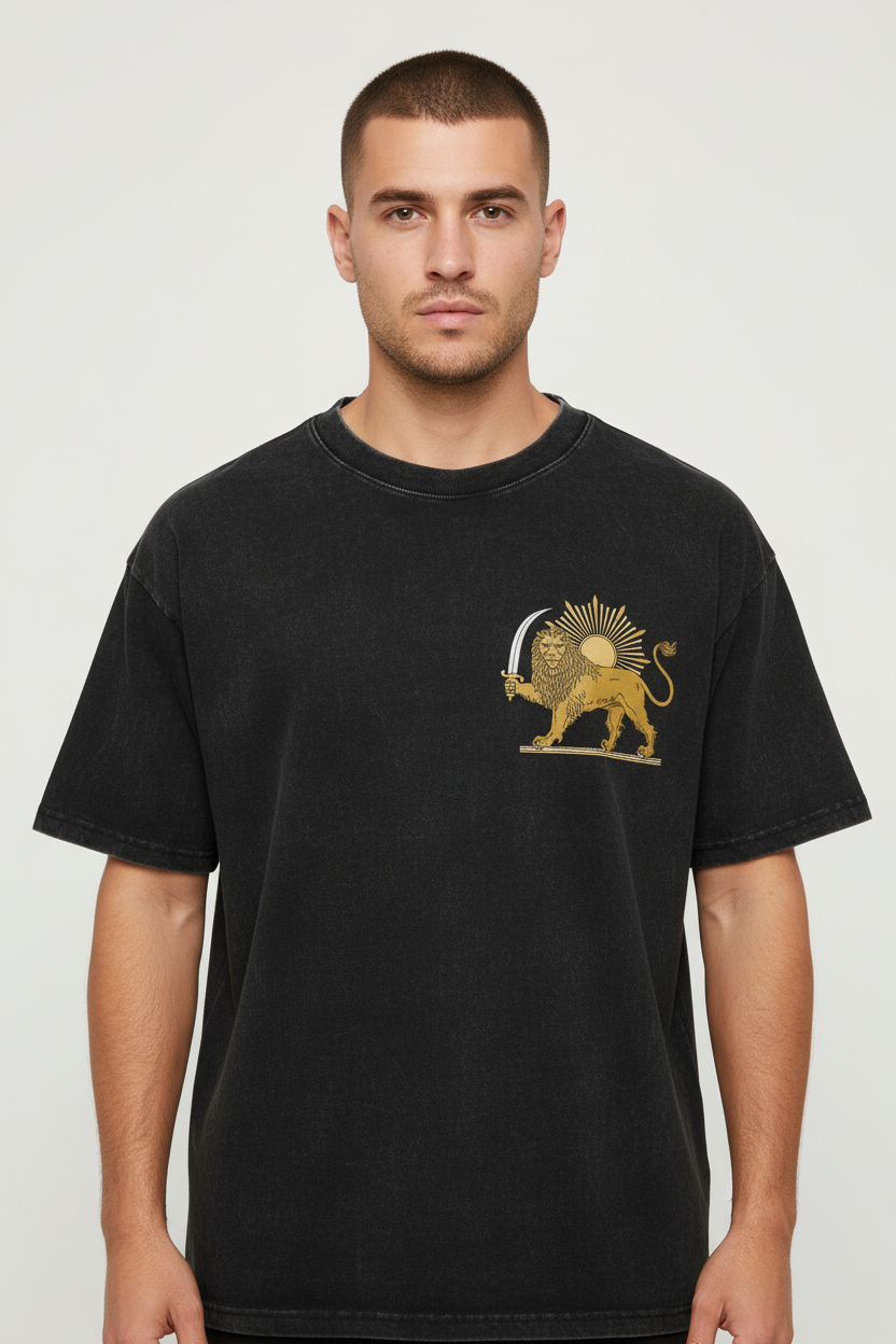 Black t-shirt with a gold lion emblem on a white background