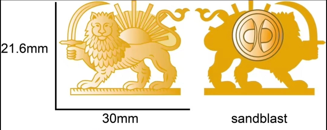 Gold lion emblem with measurements and finish options on a white background