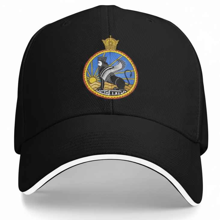 Black cap with a logo on a white background