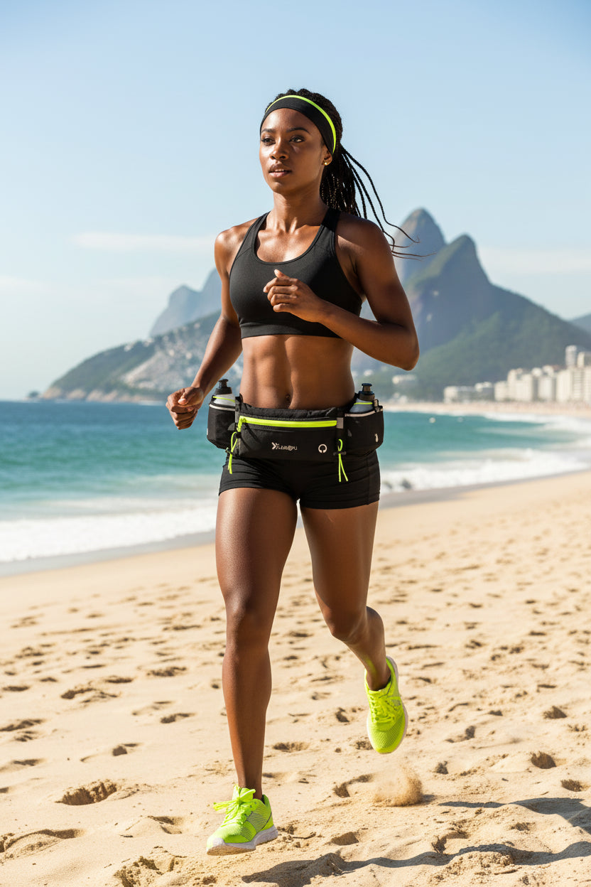 Black running belt with water bottles and pouches on a white background