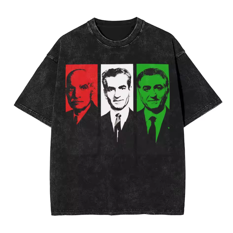 Black t-shirt with portraits in red, white, and green on a white background