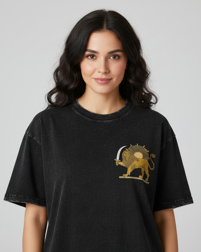 Black t-shirt with a gold lion emblem on a white background