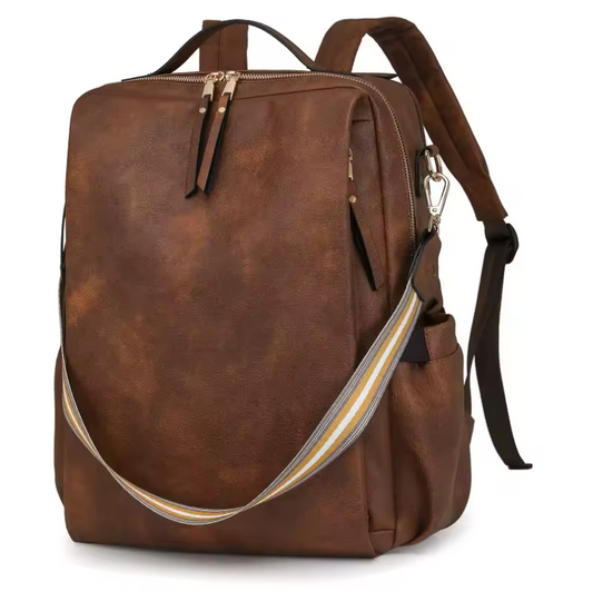 Brown leather backpack with gold zipper on a white background