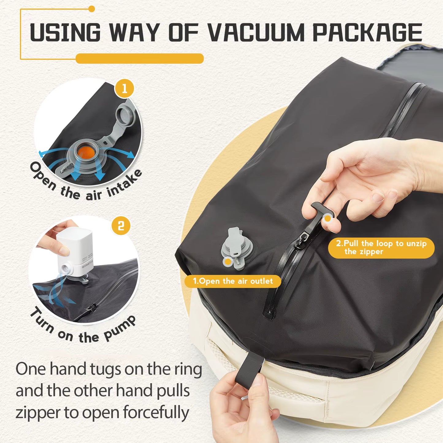 Instructions on using a vacuum package with a visual guide and text overlay.
