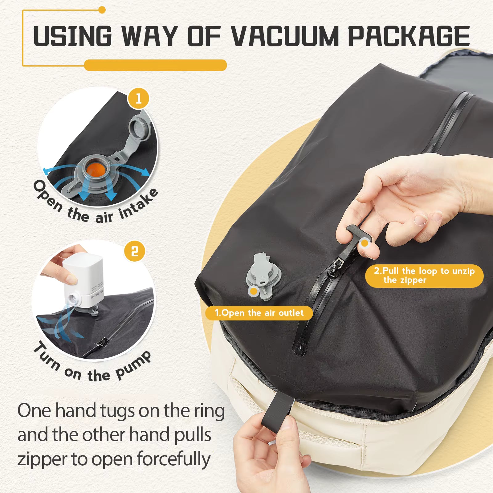 Instructions on using a vacuum package with a visual guide and text overlay.