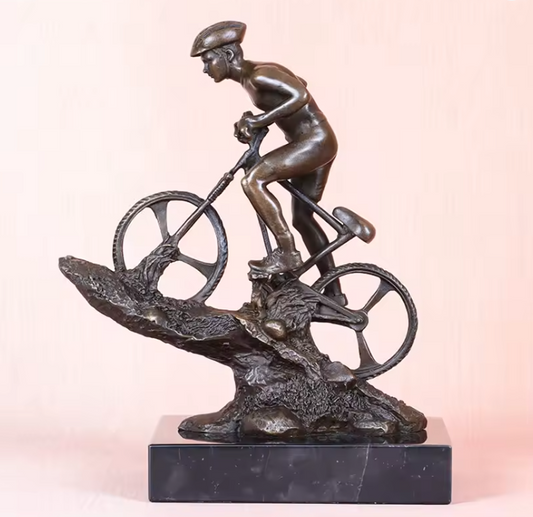 Bronze Mountain Bike Cyclist Statue – Real Bronze Male Rider Sculpture on Marble Base | Cycling Figurine Home & Office Decor