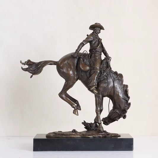Bronze Western Cowboy Riding Statue Sculpture – Frederic Remington Style Bronze Art for Home & Office Decor