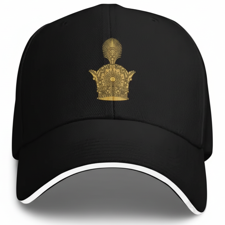Black cap with a gold emblem on a white background