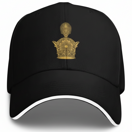 Black cap with a gold emblem on a white background