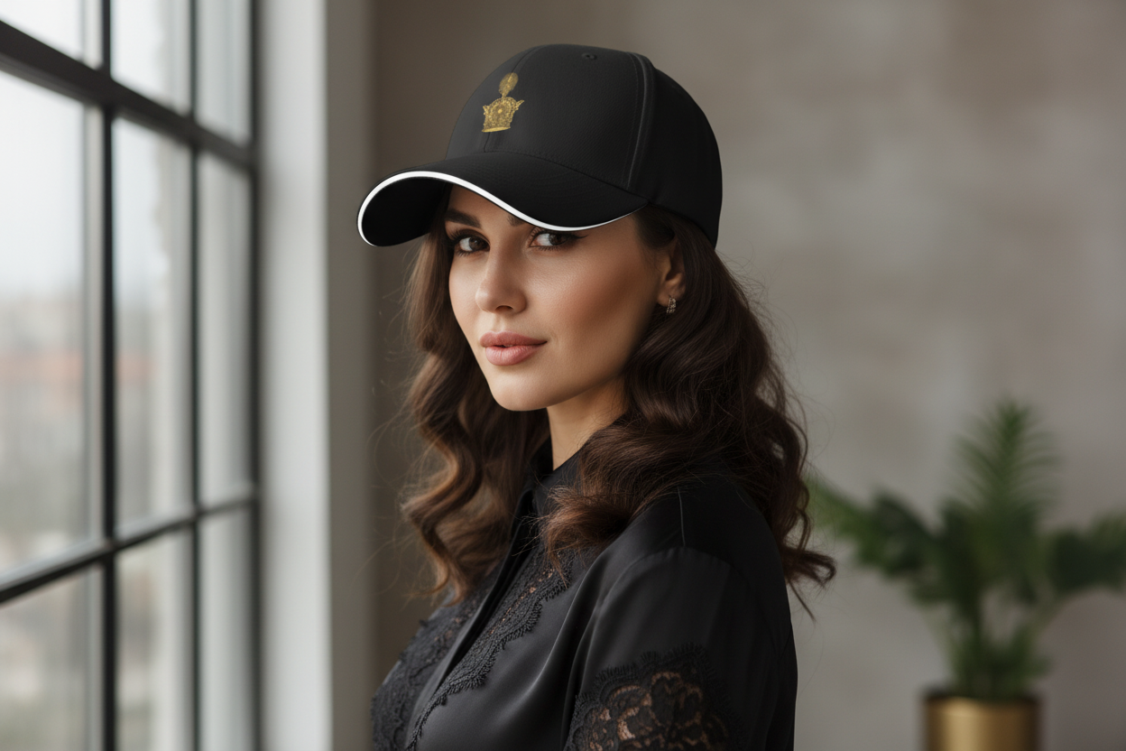 Woman wearing a black cap with a logo indoors