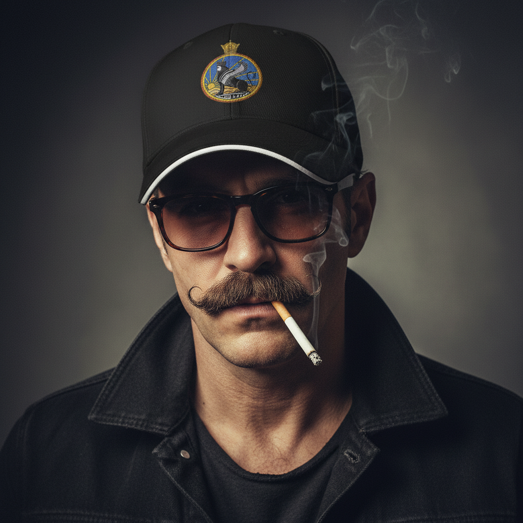 Man wearing a black cap with a logo and sunglasses, smoking a cigarette against a dark background