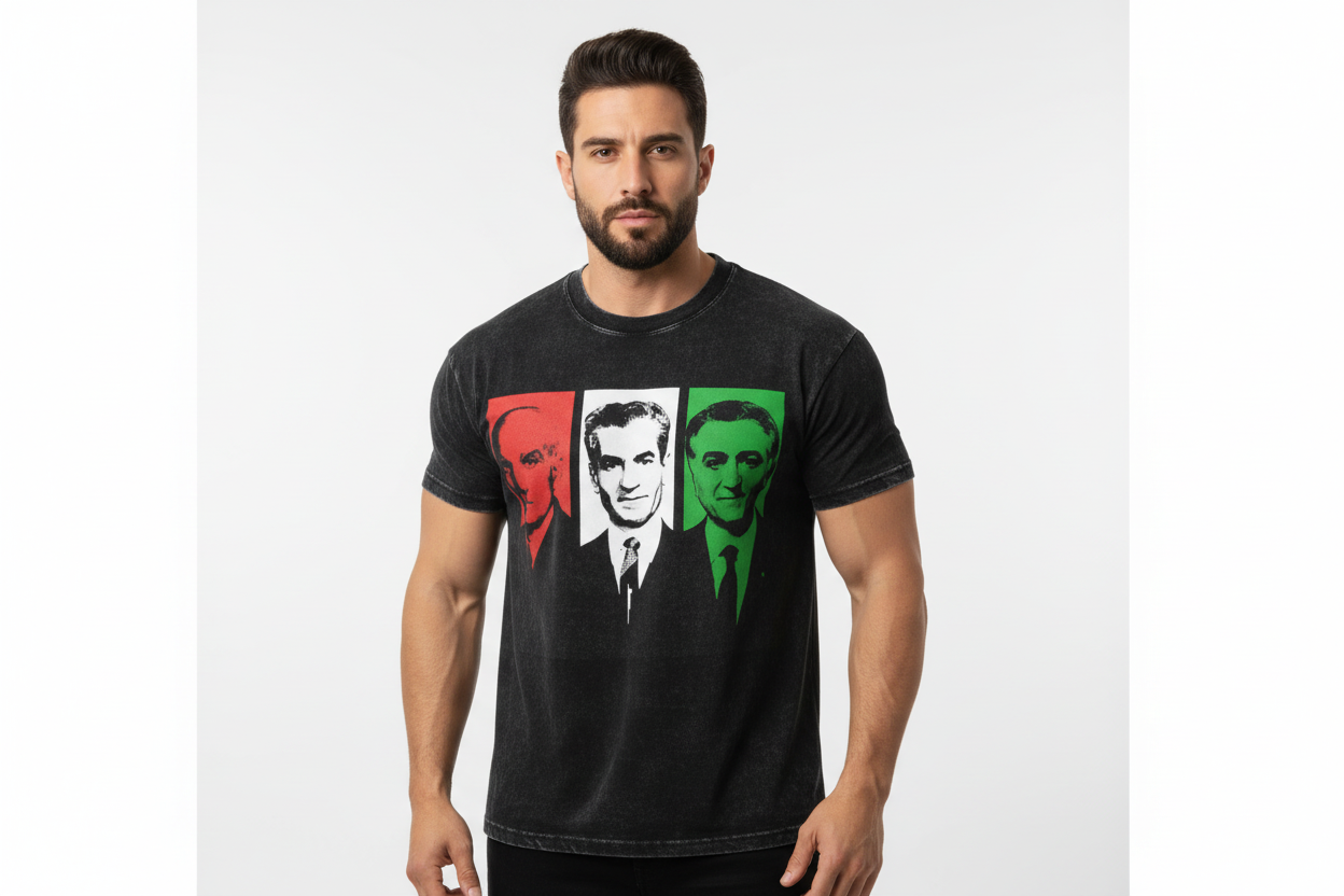 Black t-shirt with portraits in red, white, and green on a white background