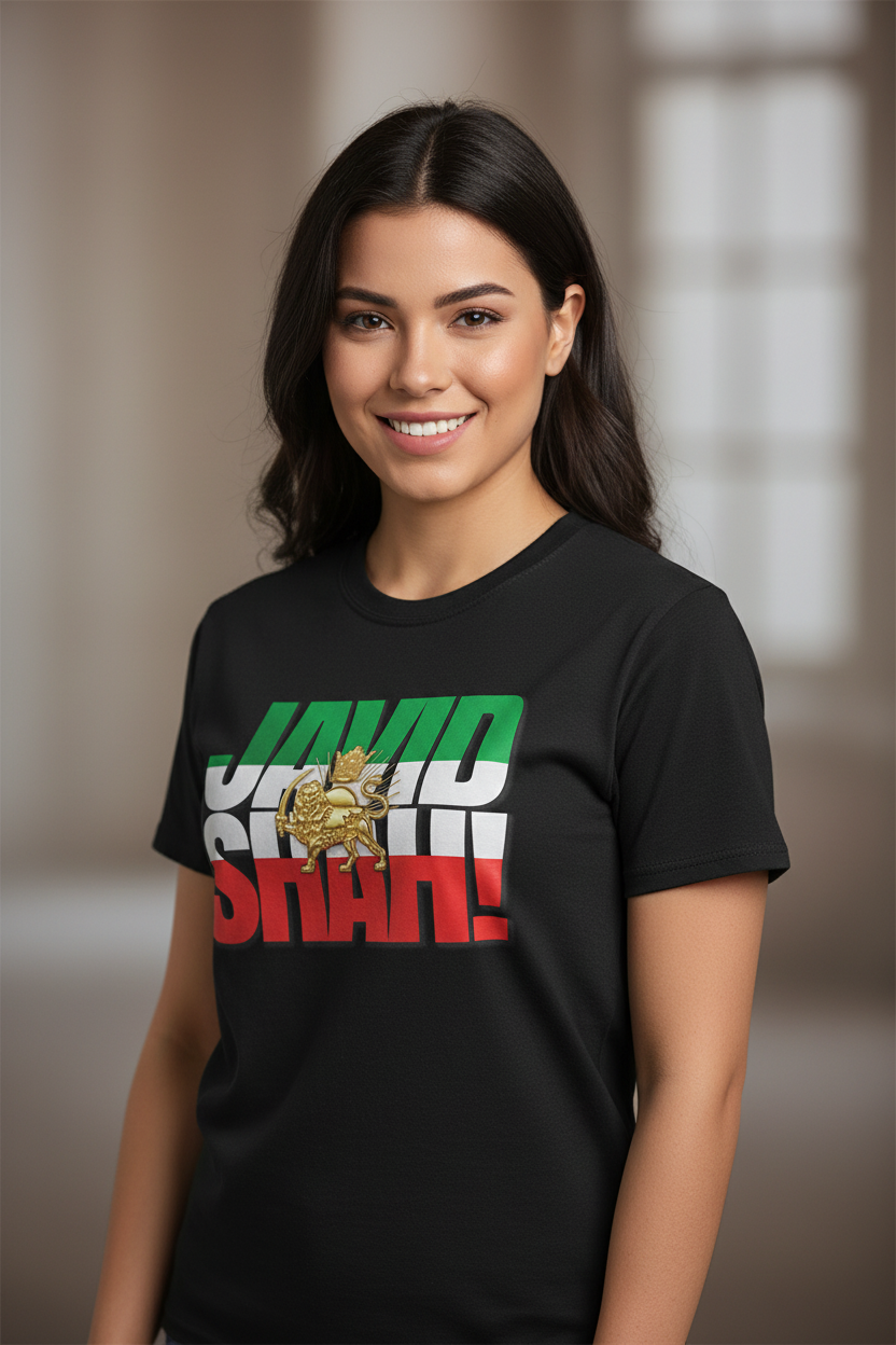 Black t-shirt with JAVID SHAH text and Lion and Sun graphic on a white background