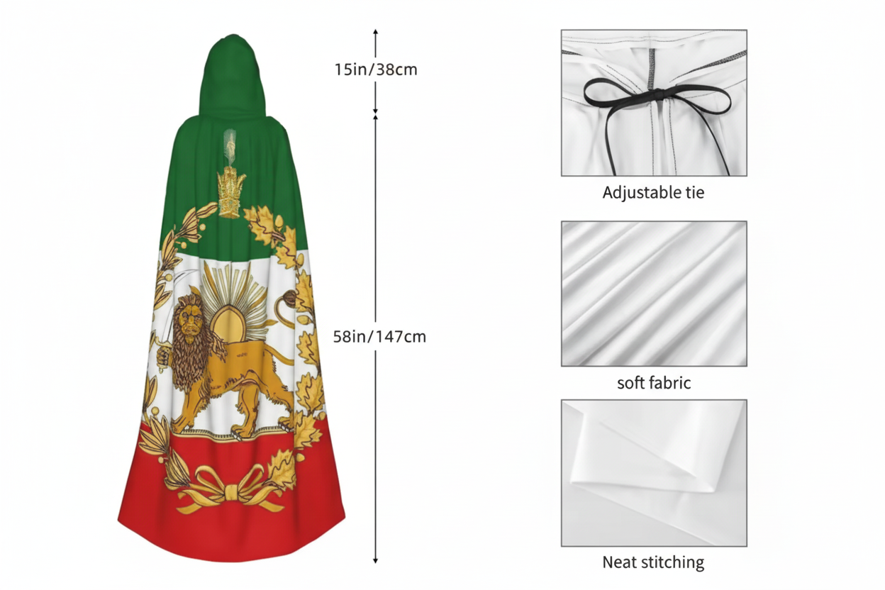 Green hooded cloak with lion emblem, measurements, and fabric details on a white background