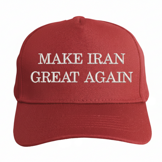 Red cap with 'MAKE IRAN GREAT AGAIN' text on a white background