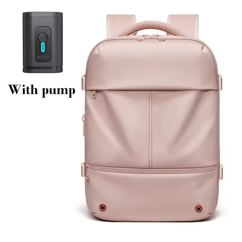 Pink backpack with pump on a white background