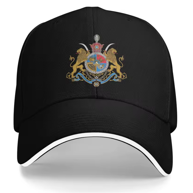 Black cap with a colorful emblem on a white background