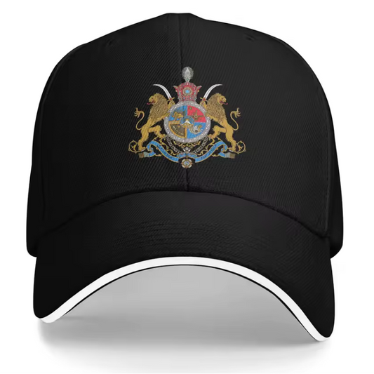 Black cap with a colorful emblem on a white background