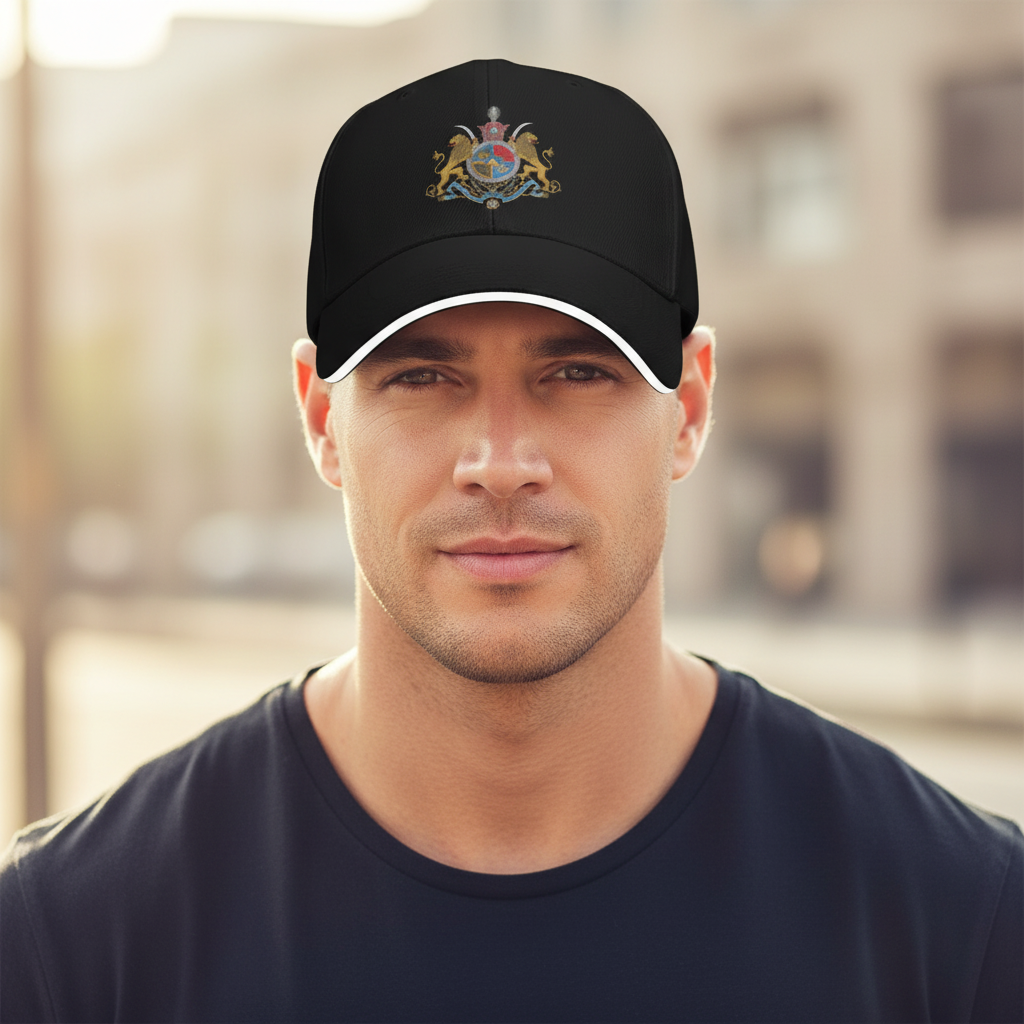 Black cap with a colorful emblem on a white background