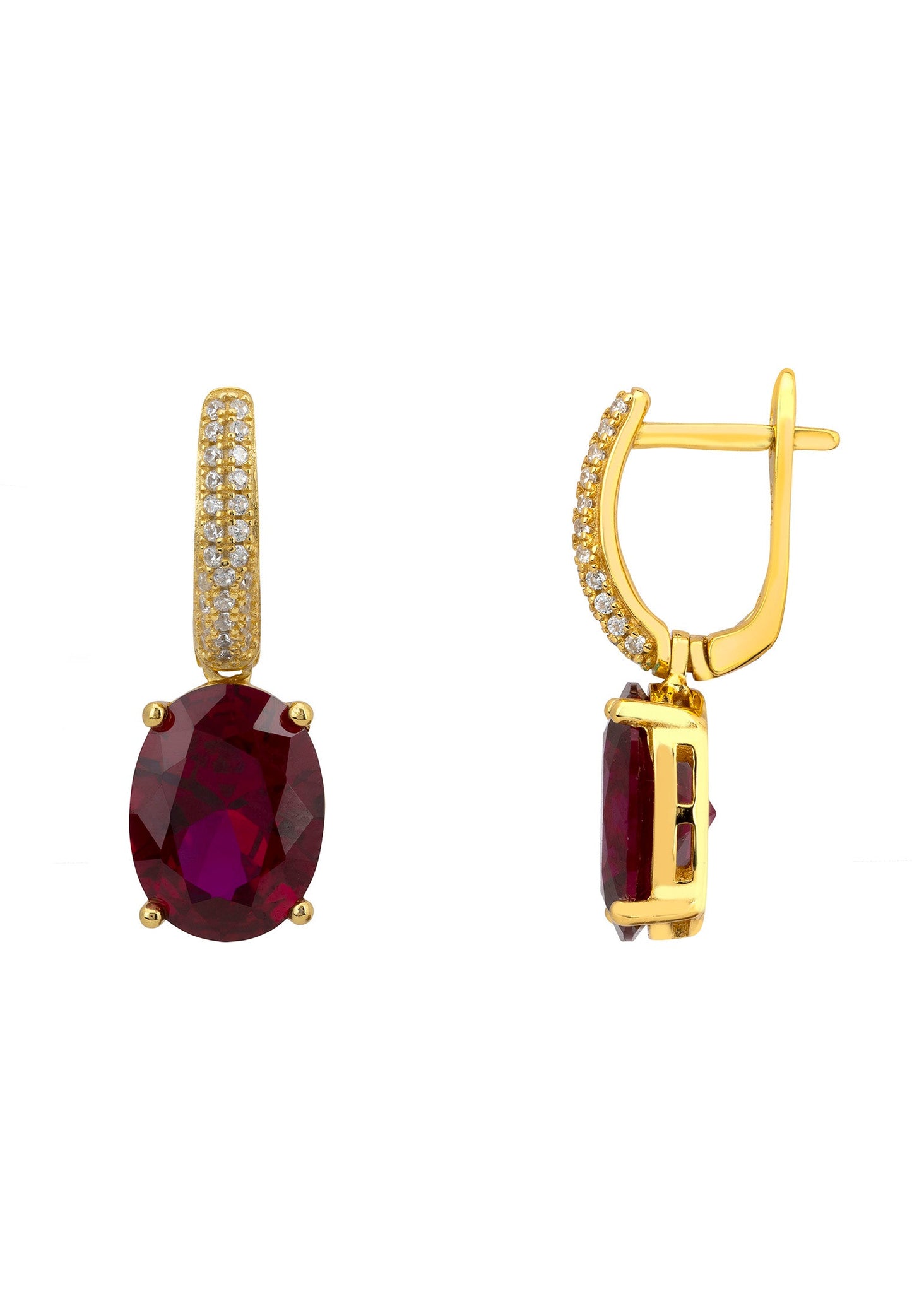 Alexandra Oval Drop Earrings in 18K Gold with Lab-Grown Ruby and Simulated Diamonds - Luxury Women's Jewelry by LevarJewelz