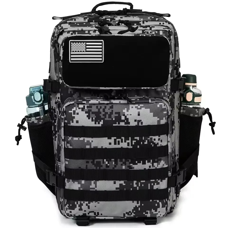 Digital camouflage backpack with American flag patch on a white background