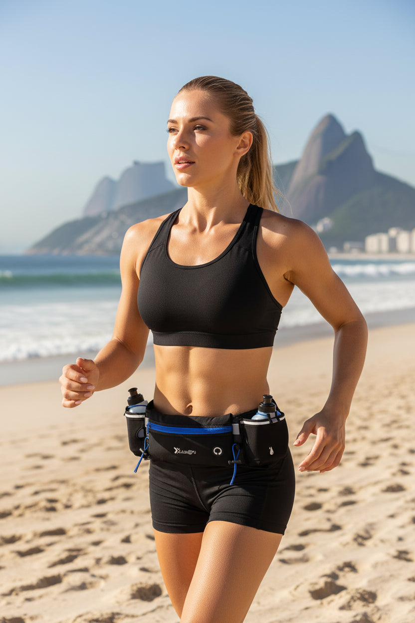 Black running belt with water bottle holders and blue zipper on a white background